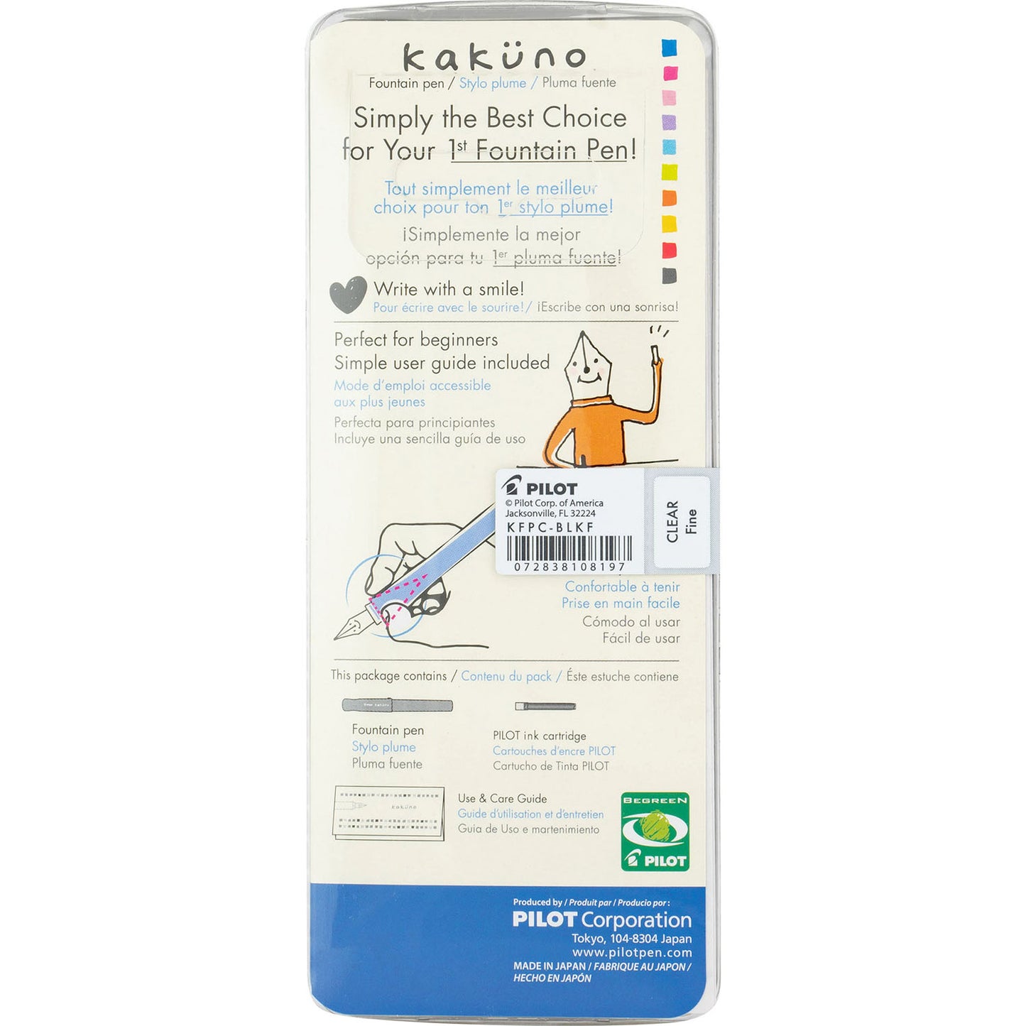 Pilot Kakuno Fountain Pen - Clear - Fine Nib - Made in Japan back package