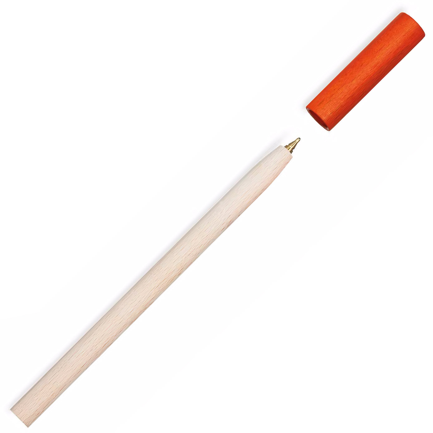 E+M Cap Wooden Ballpoint Pen Orange cap off. Made in Germany Beech Wood