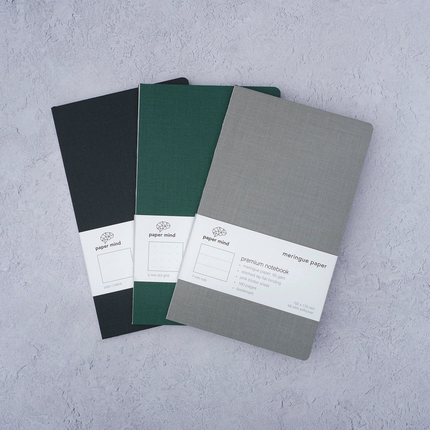 The Paper Mind Meringue Paper Notebook B6 Slim, Notebook for Fountain Pens, Three pages styles blank, ruled, and dot grid fan