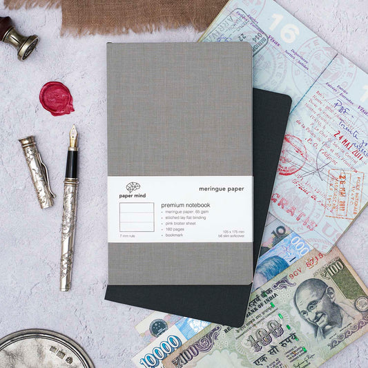 The Paper Mind Meringue Paper Notebook B6 Slim, Notebook for Fountain Pens, ruled lined, gray cover lifestyle