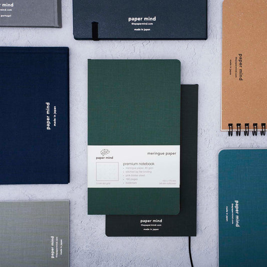 The Paper Mind Meringue Paper Notebook B6 Slim, Notebook for Fountain Pens, dot grid, green cover with past notebooks