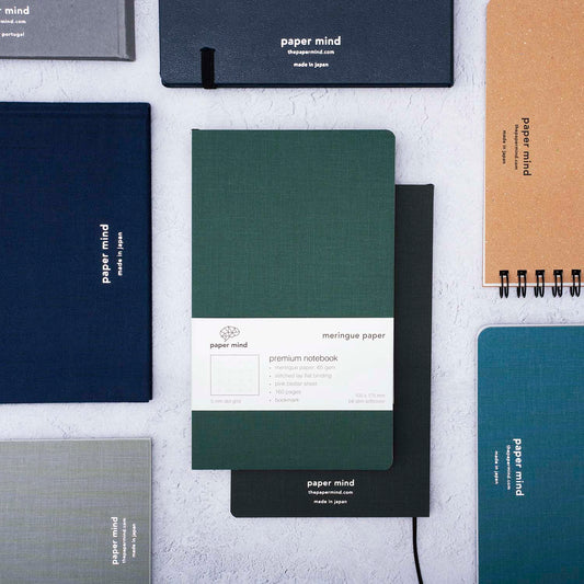 The Paper Mind Meringue Paper Notebook B6 Slim, Notebook for Fountain Pens, dot grid, green cover with past notebooks