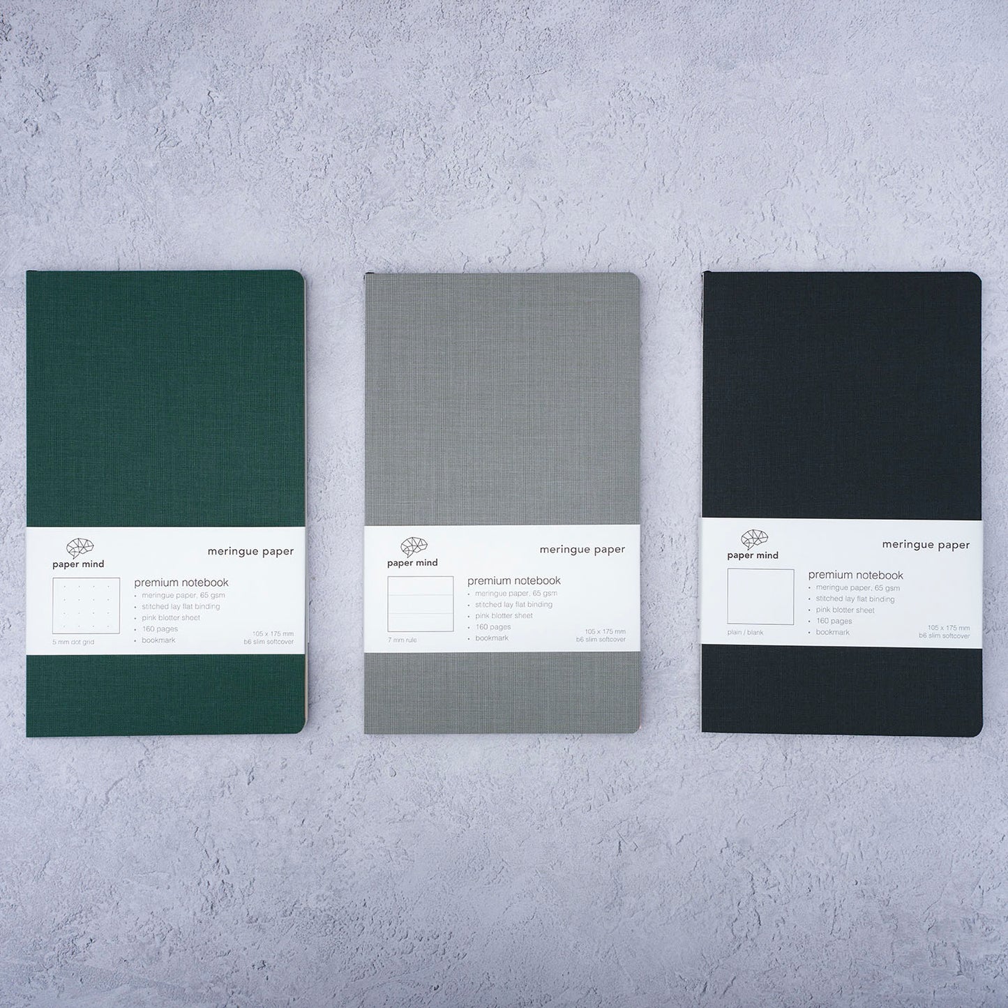 The Paper Mind Meringue Paper Notebook B6 Slim, Notebook for Fountain Pens, Three pages styles blank, ruled, and dot grid