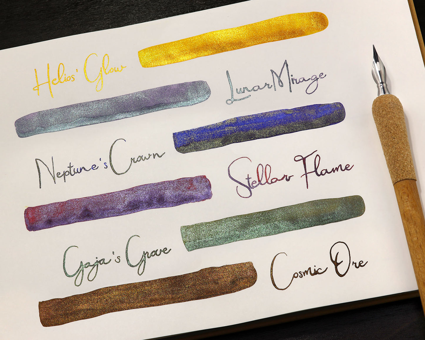 Octopus Fluids Celestial Glitter Sheening Fountain Pen Ink Sets - 6 x 10 ml Bottles - Set 1 writing sample swatches