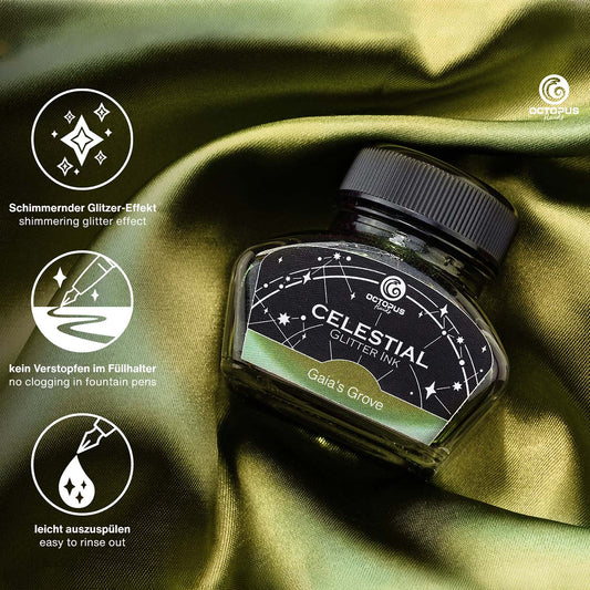 Octopus Fluids Celestial Glitter Shimmer Fountain Pen Ink - Gaia's Grove - Green With Green Shimmer - Made in Germany details
