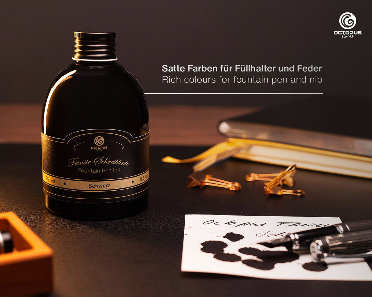 Octopus Fluids Fountain Pen Ink - 250 ml Bottle - Schwarz Black - Made in Germany lifestyle