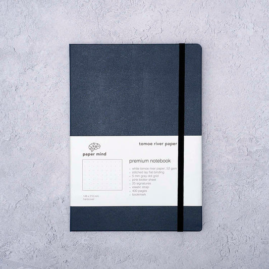 The Paper Mind Tomoe River Hardcover Notebook for Fountain Pens Dot Grid Made In Japan Navy Blue Cover Packaging