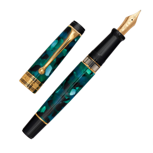 Aurora Optima Fountain Pen Emerald Green Auroloide 14kt gold made in italy uncapped