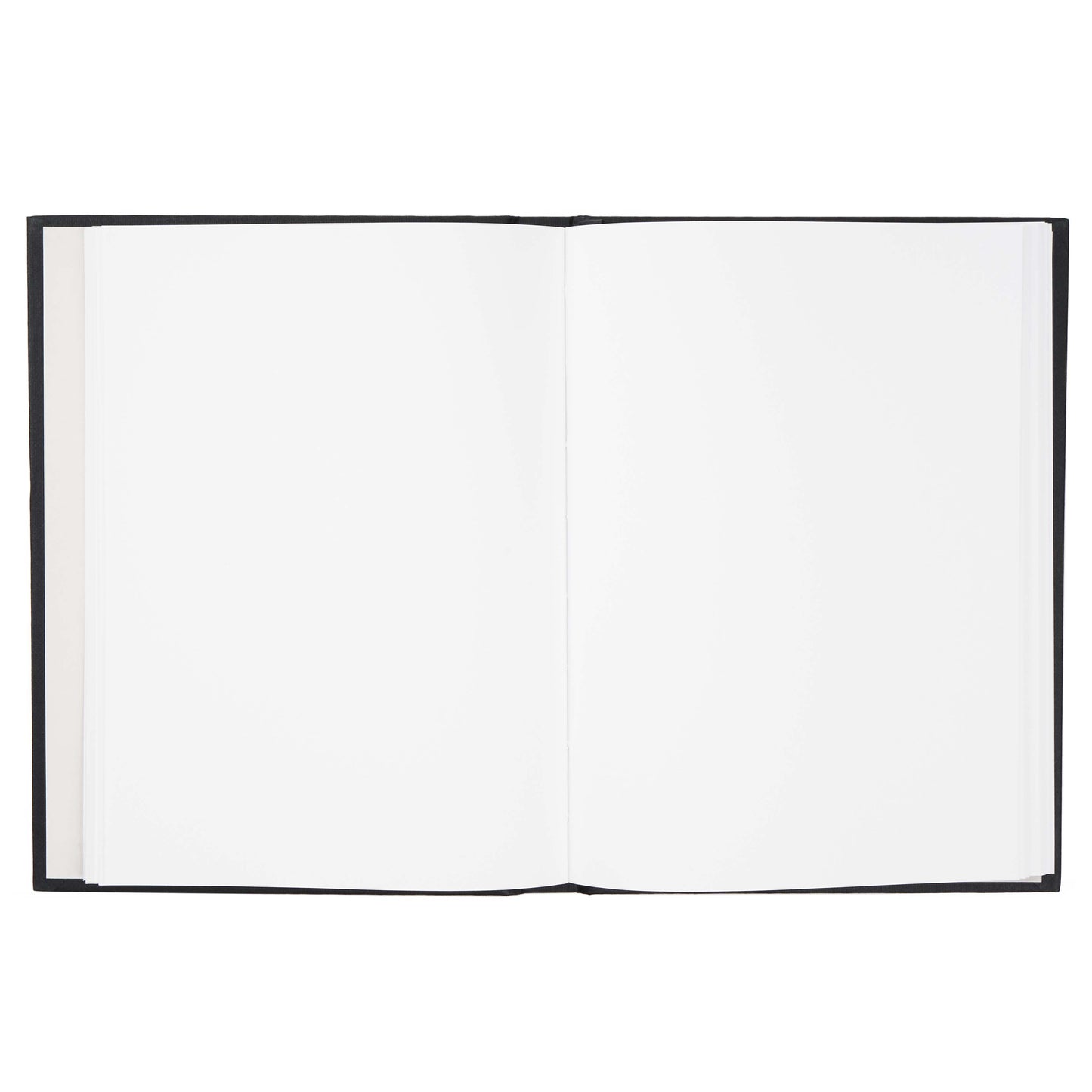 black blank plain page blocker paper notebook open and laying flat against a white background