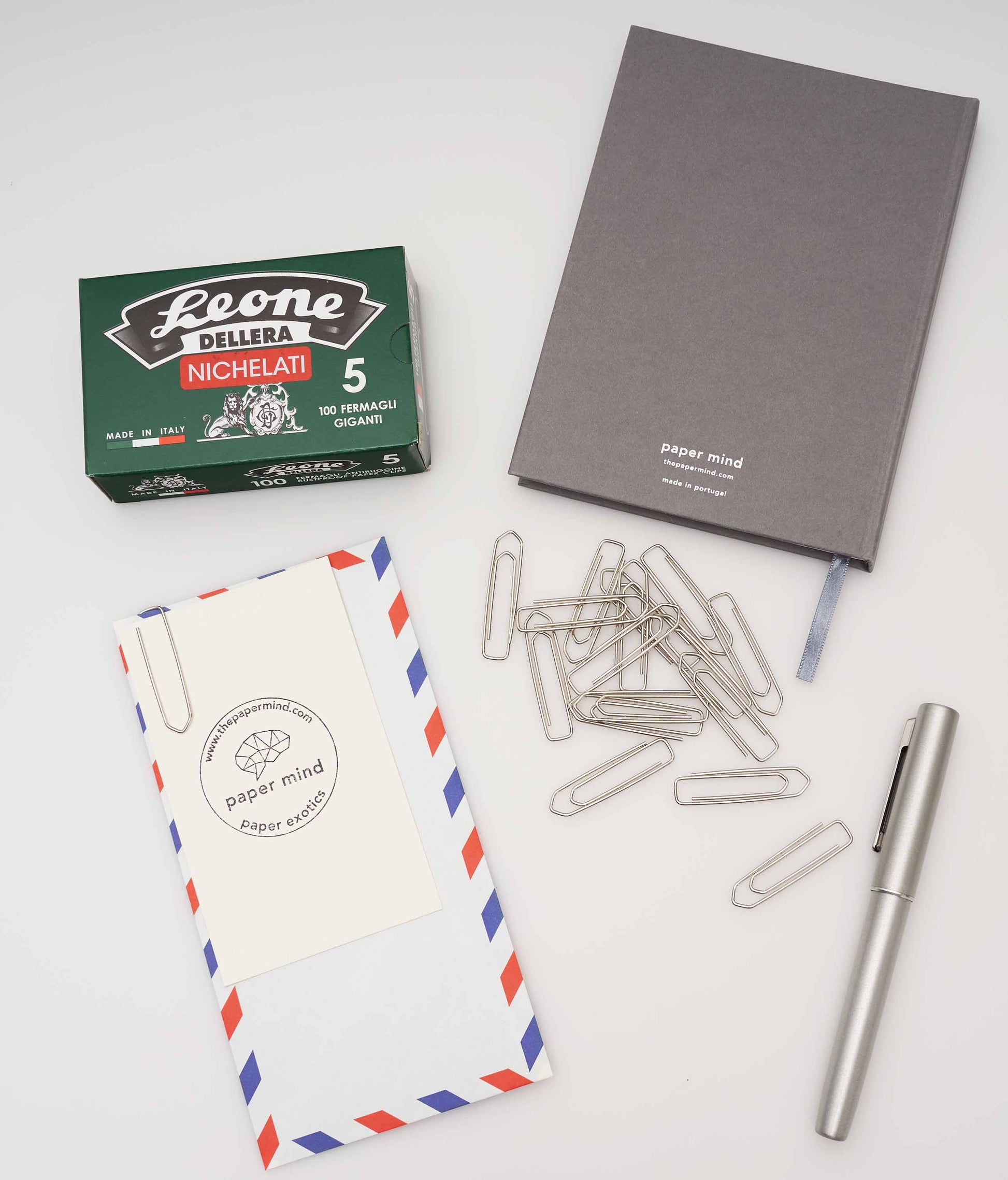 Leone dell'era paper clips. paper clips made in italy size 5 green box with the paper mind blocker hardcover notebook, Lamy aion fountain pen and life airmail envelope