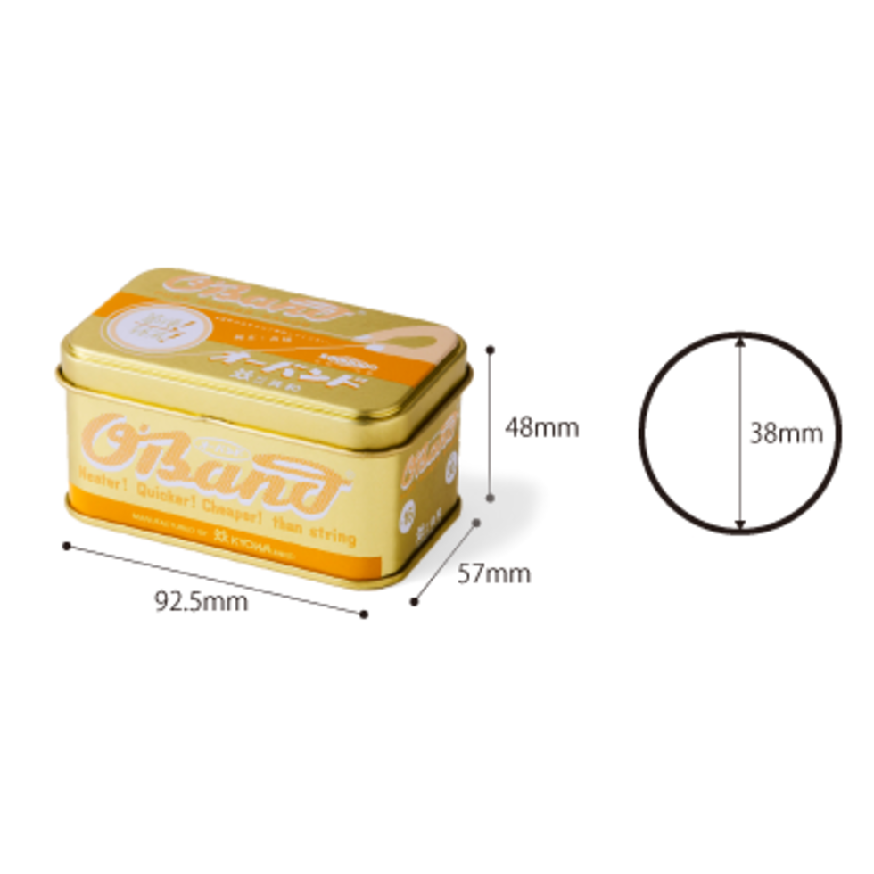 Kyowa O'Band Rubber Bands in Gold Tin 8 rainbow colors with measurements