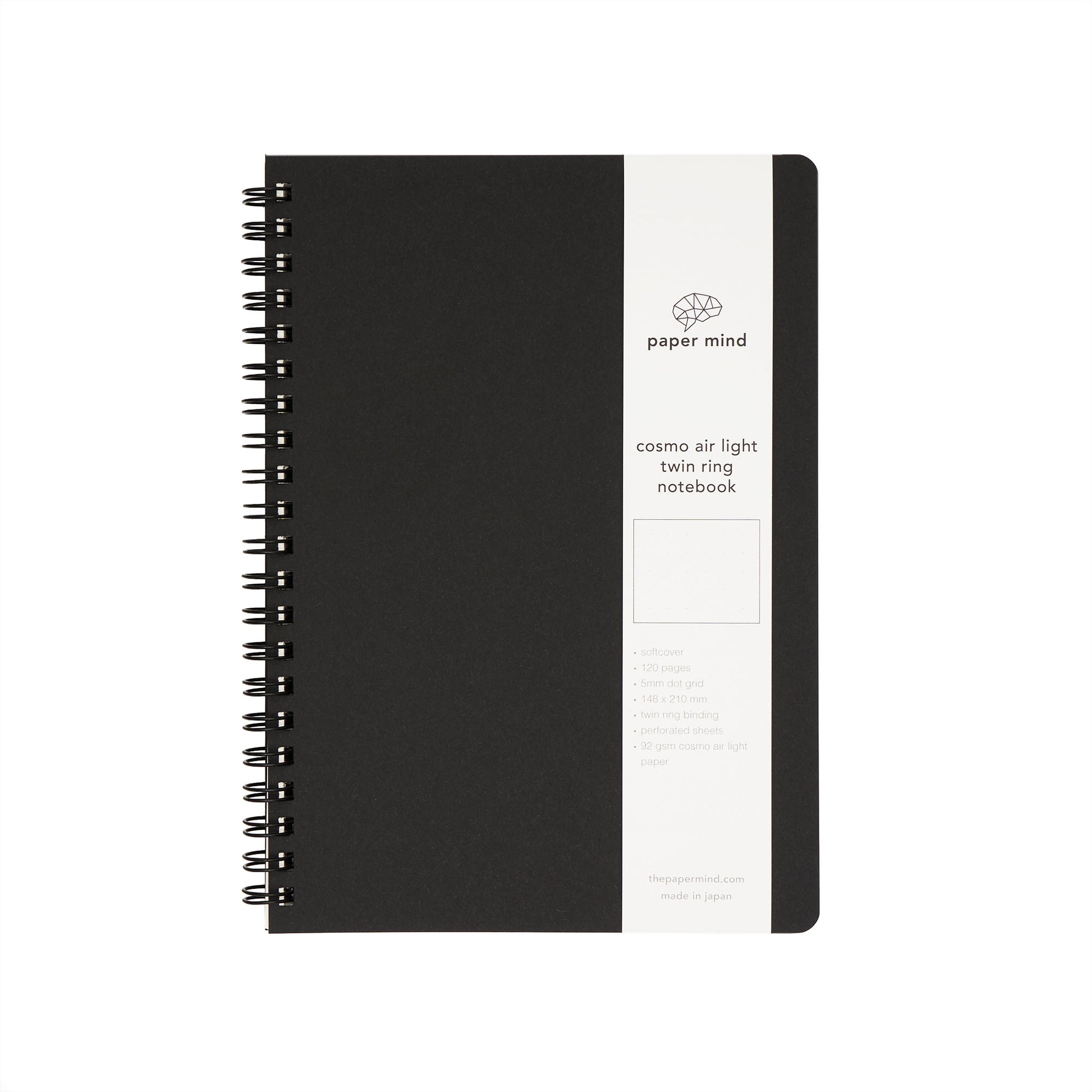 The Paper Mind Cosmo Air Light Twin Ring Notebook Black Dot Grid With Paper Strap
