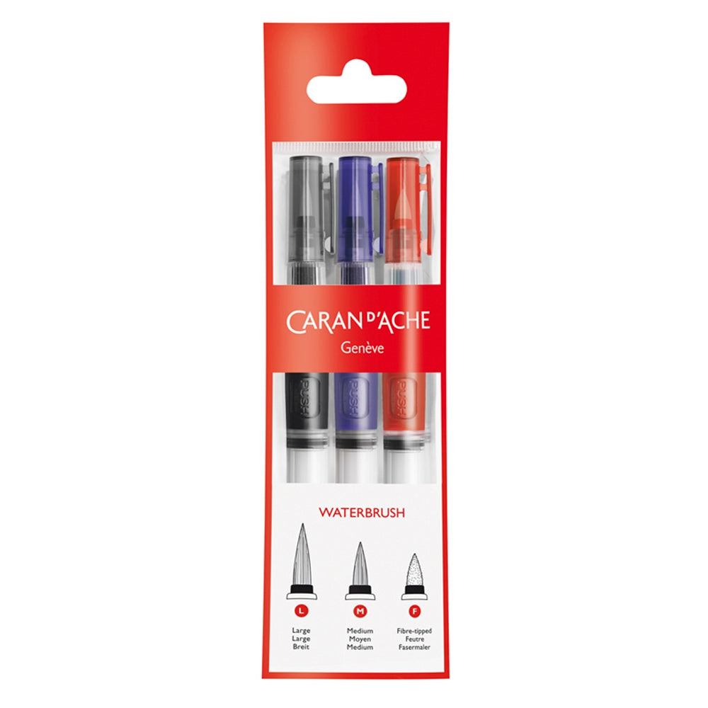Caran d'Ache Set of 3 WATER BRUSHES with water reservoir (Large, Medium, Fibre-Tipped)