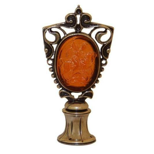 Bortoletti Bronze Wax Seal Handle Glass Paste Cameo - Saint Giorgio - Amber