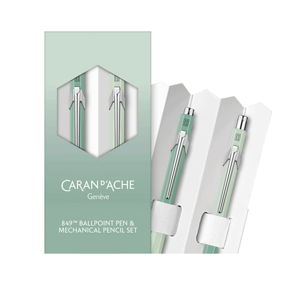 Caran d'Ache 849 Ballpoint Pen and Mechanical Pencil Set - Misty Forest - Special Edition - Swiss Made box