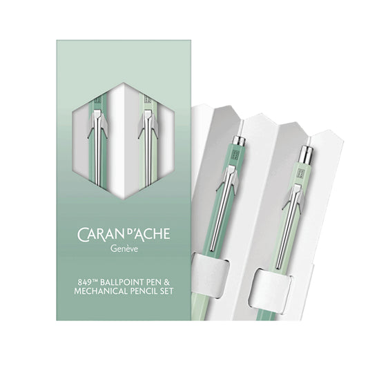 Caran d'Ache 849 Ballpoint Pen and Mechanical Pencil Set - Misty Forest - Special Edition - Swiss Made box