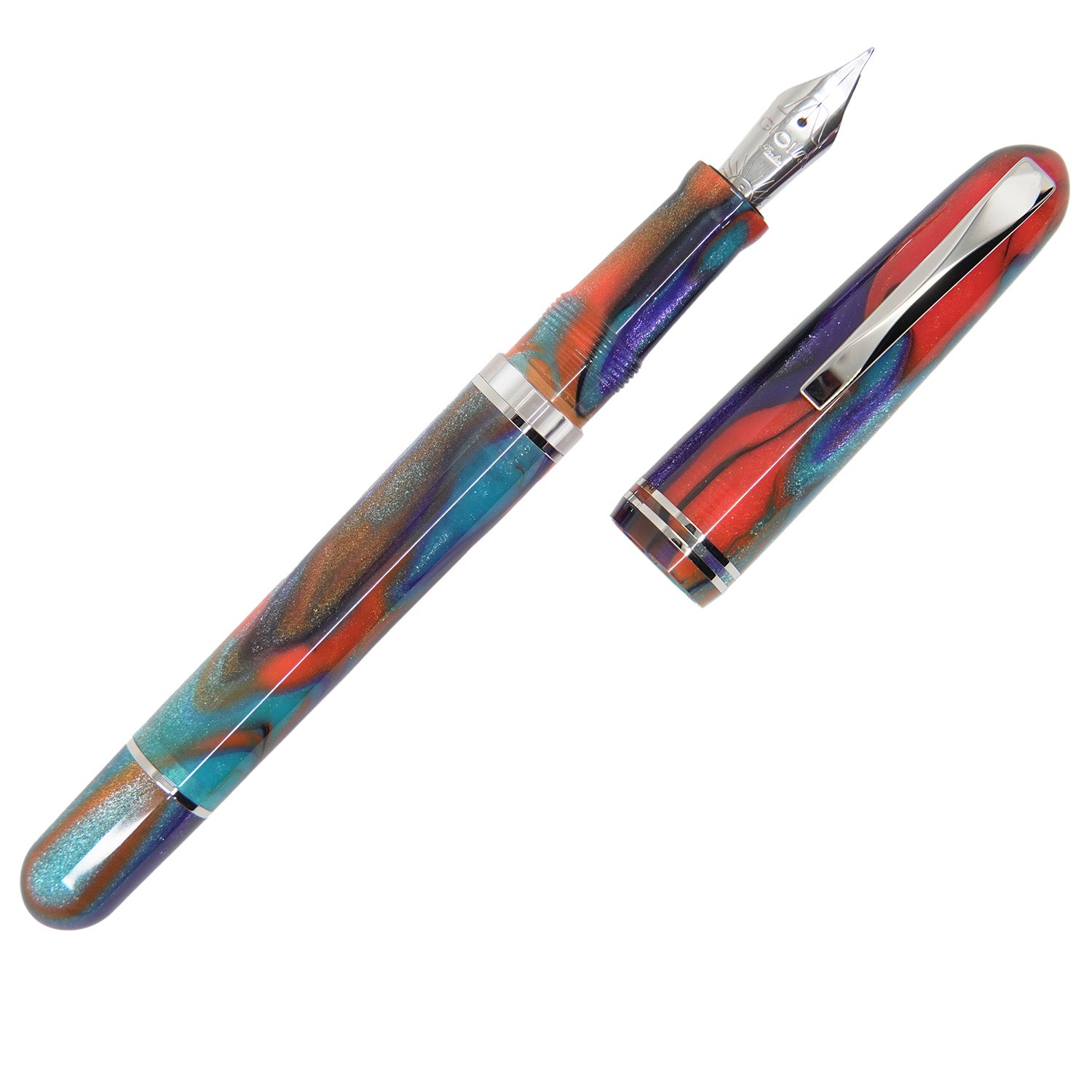 Gioia Metis Fountain Pen - Iride - Rhodium Trim uncapped made in Italy