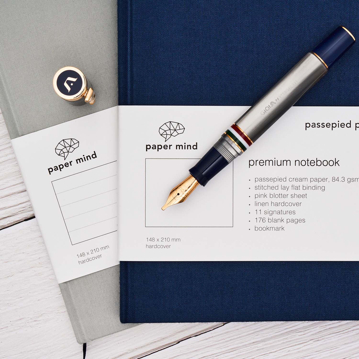 Gioia Partenope Fountain Pen + Rollerball - Madreperla - Gold Trim Made in Italy with Paper Mind Notebooks