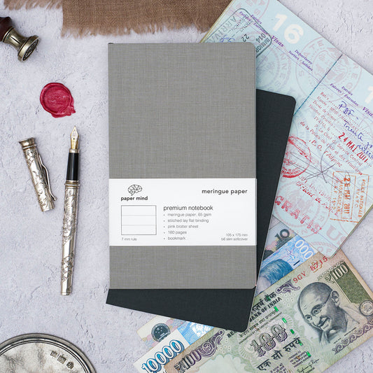 The Paper Mind Meringue Paper Notebook B6 Slim,  Notebook for Fountain Pens, ruled lined, gray cover lifestyle