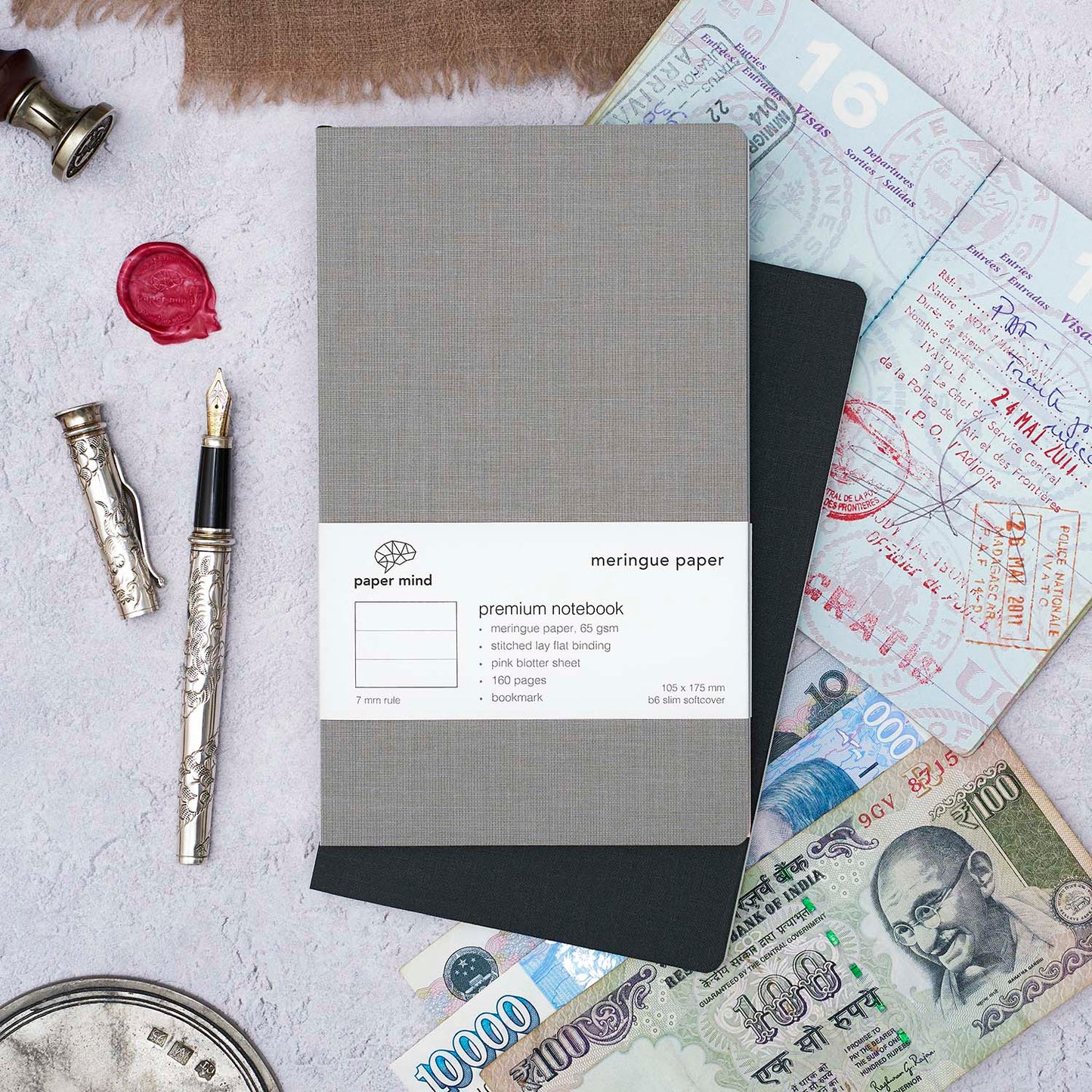 The Paper Mind Meringue Paper Notebook B6 Slim,  Notebook for Fountain Pens, ruled lined, gray cover lifestyle