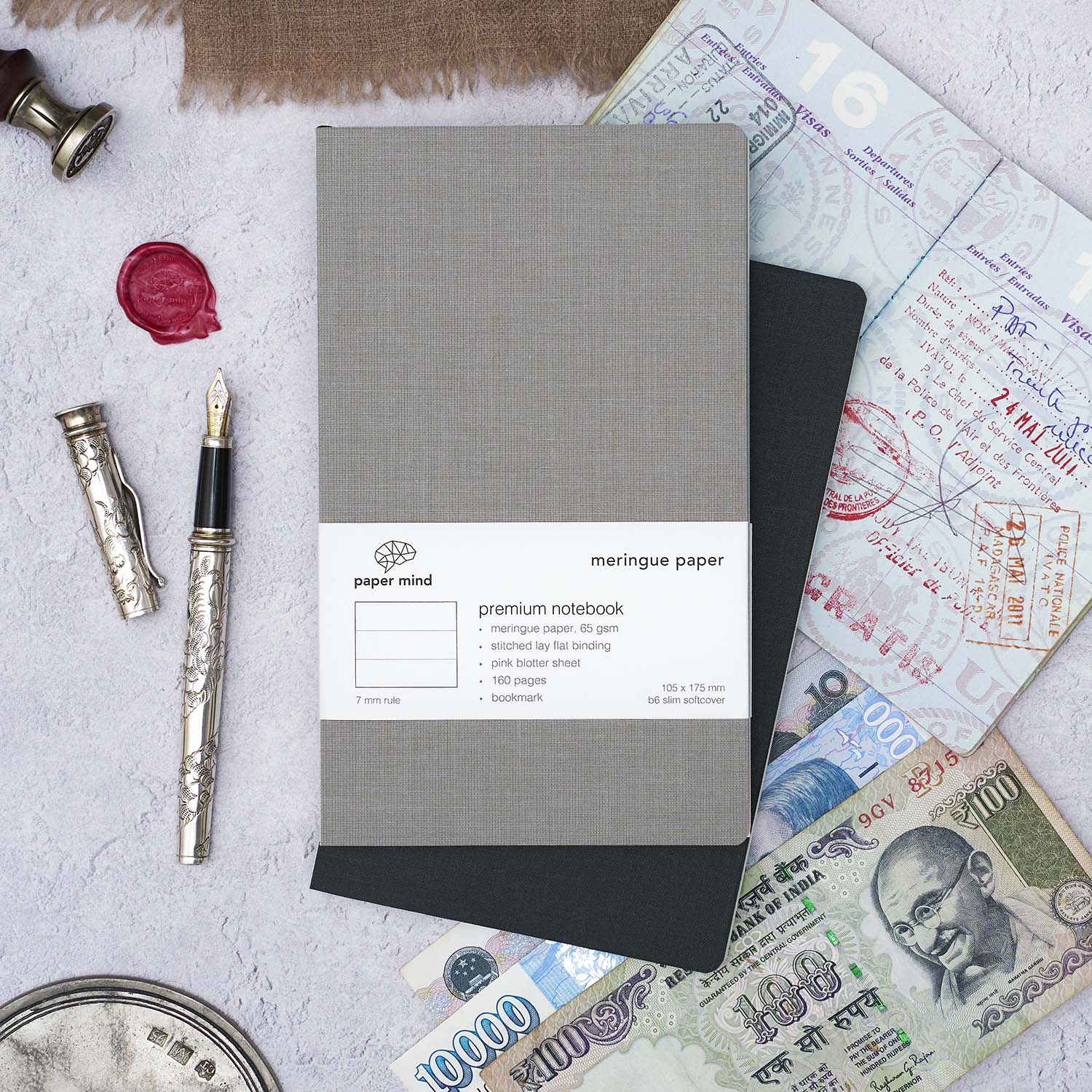 The Paper Mind Meringue Paper Notebook B6 Slim,  Notebook for Fountain Pens, ruled lined, gray cover lifestyle