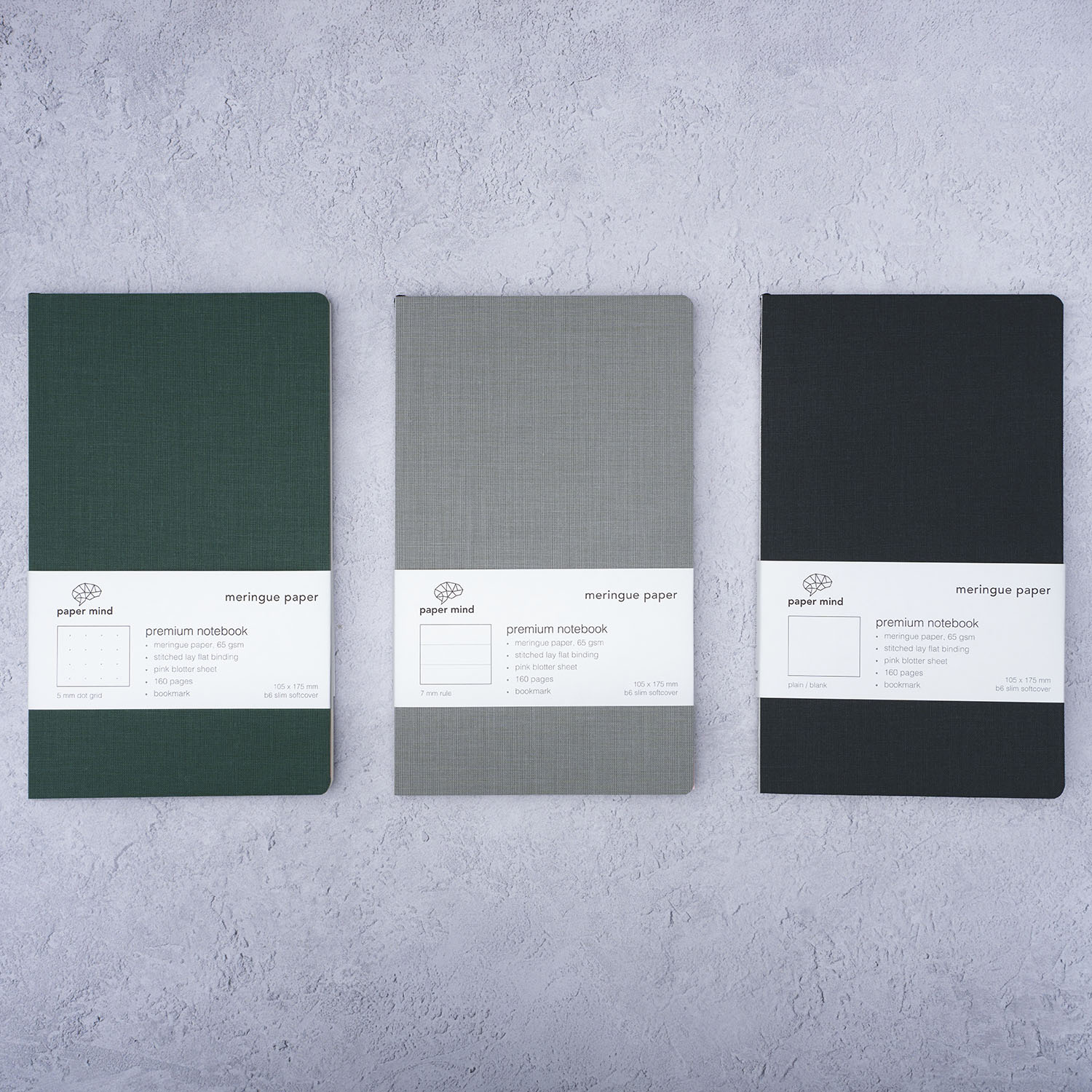 The Paper Mind Meringue Paper Notebook B6 Slim,  Notebook for Fountain Pens, Three pages styles blank, ruled, and dot grid