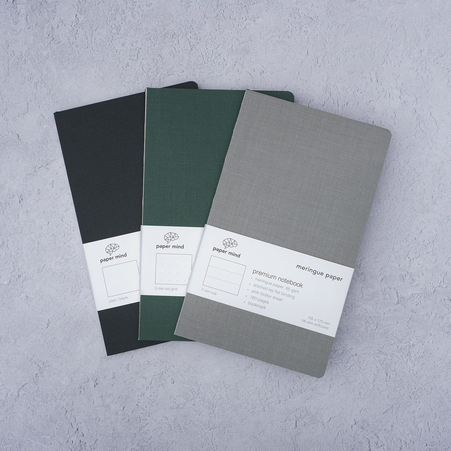 The Paper Mind Meringue Paper Notebook B6 Slim,  Notebook for Fountain Pens, Three pages styles blank, ruled, and dot grid fan