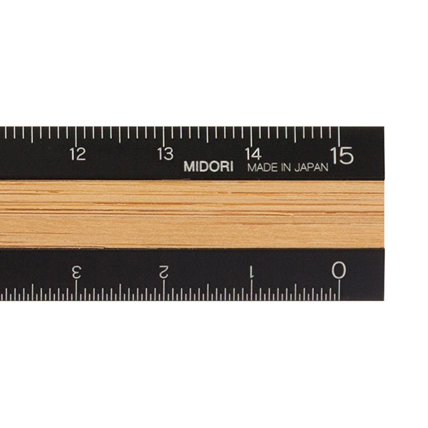 Midori Aluminum and Wood Ruler 15 cm - Black x Light Brown detail