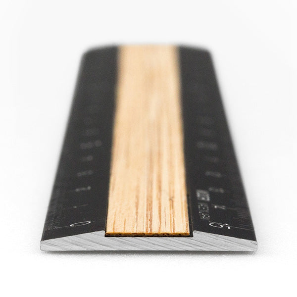 Midori Aluminum and Wood Ruler 15 cm - Black x Light Brown close up