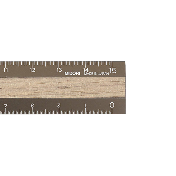 Midori Aluminum and Wood Ruler 15 cm - Brown x Dark Brown up close
