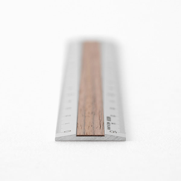 Midori Aluminum and Wood Ruler 15 cm - Silver x Dark Brown up close