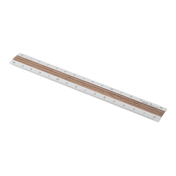 Midori Aluminum and Wood Ruler 15 cm - Silver x Dark Brown angle