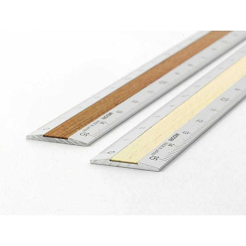 Midori Aluminum and Wood Ruler 15 cm - Silver x Light Brown angle