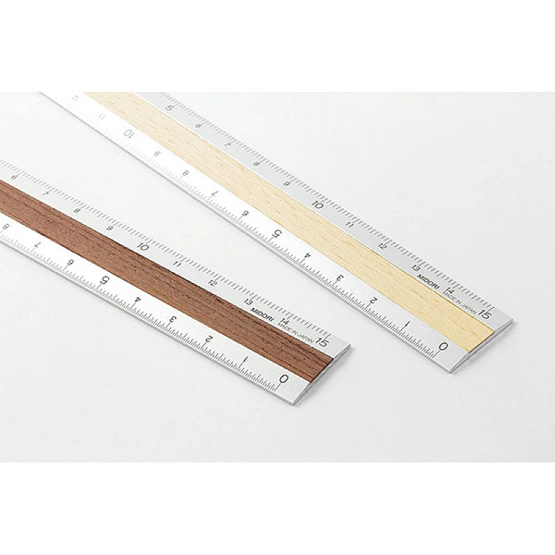 Midori Aluminum and Wood Ruler 15 cm - Silver x Light Brown and dark brown