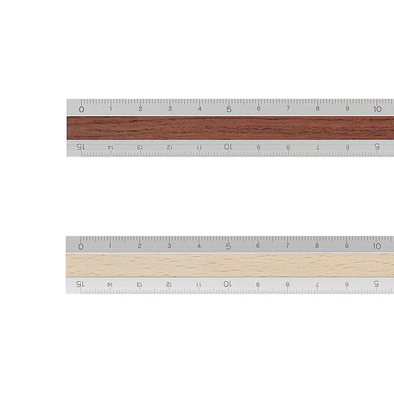 Midori Aluminum and Wood Ruler 15 cm - Silver x Light Brown and dark brown