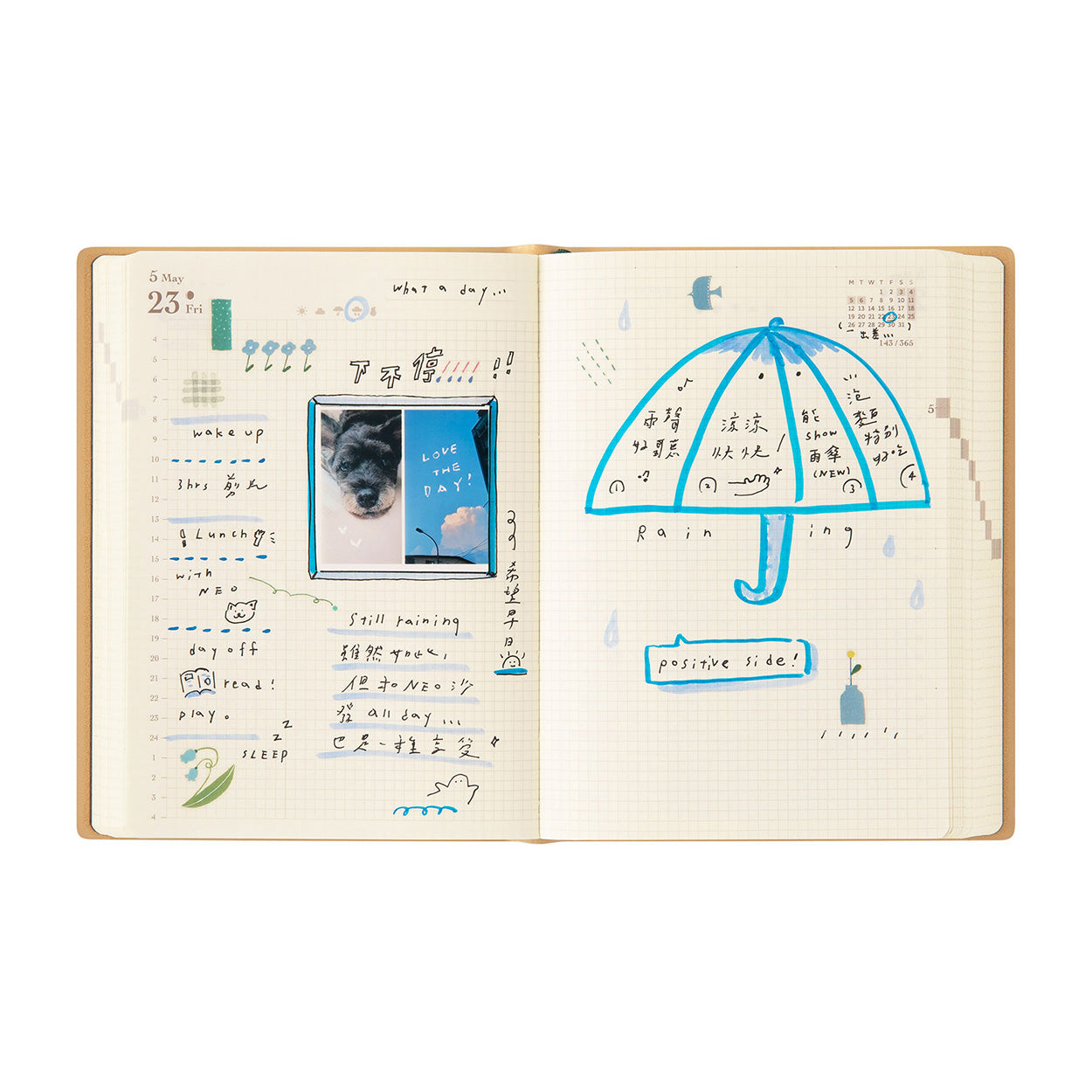 Midori Hibino Diary 2025 2-Page-Per-Day Calendar - A6 - Blue Green Tomoe River - Made in Japan example