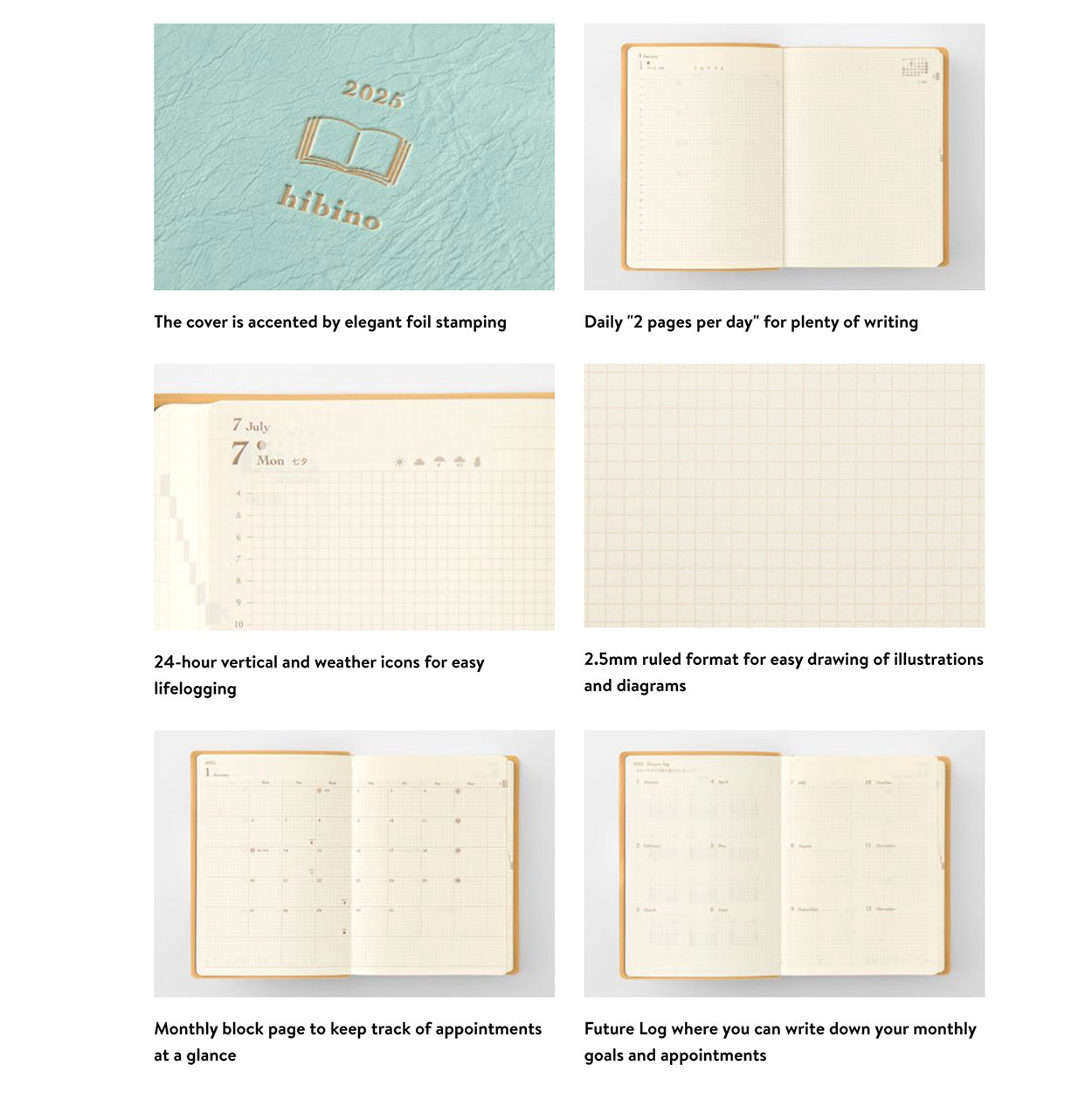 Midori Hibino Diary 2025 2-Page-Per-Day Calendar - A6 - Blue Green Tomoe River - Made in Japan how to