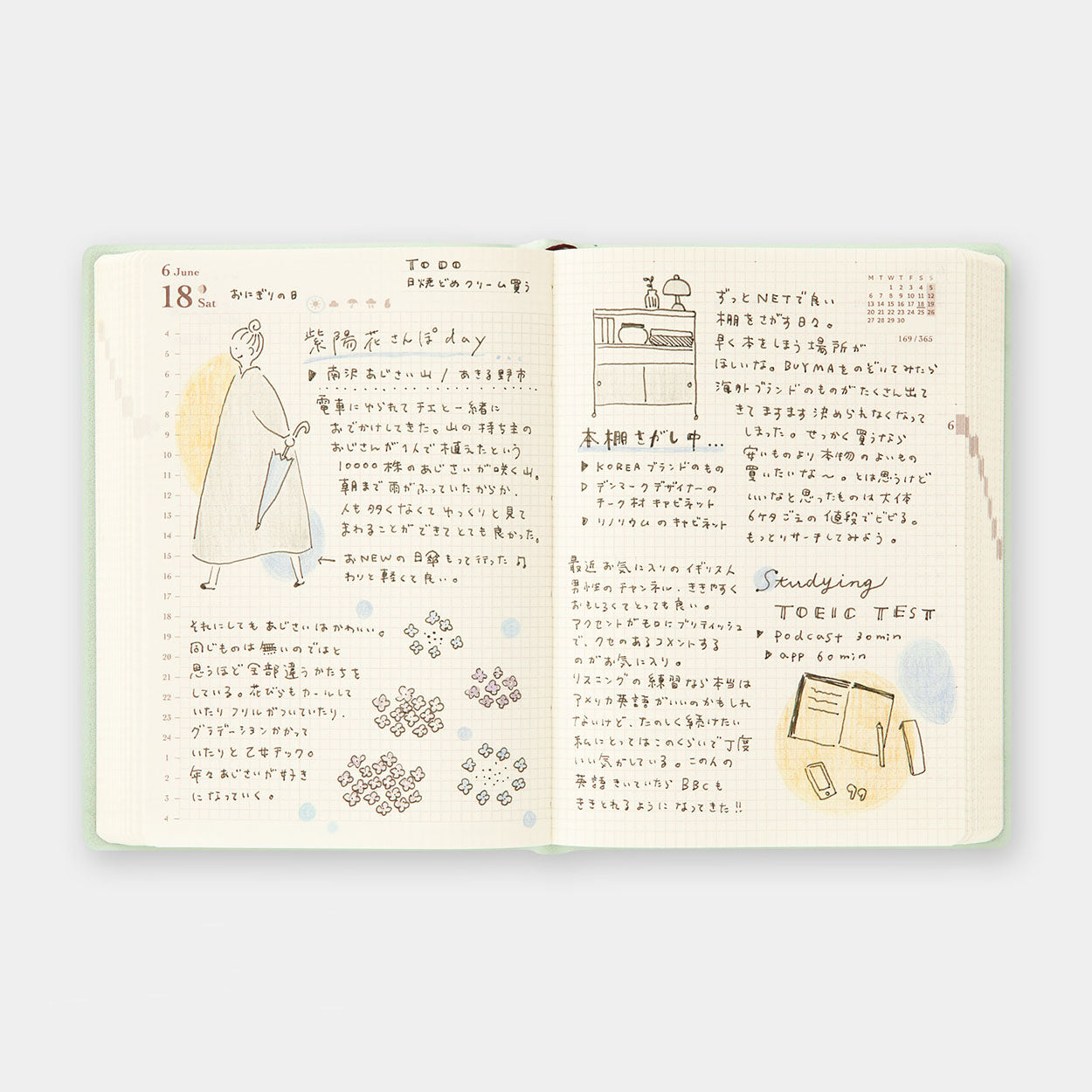 Midori Hibino Diary 2025 2-Page-Per-Day Calendar - A6 - Blue Green Tomoe River - Made in Japan example