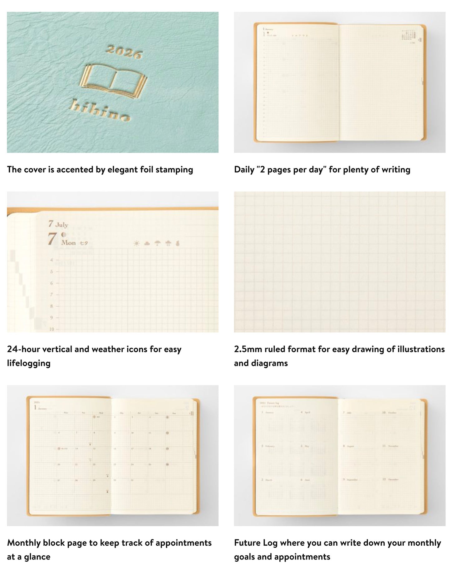 Midori Hibino Diary 2026 2-Page-Per-Day Calendar - A6 - Blue Green Tomoe River - Made in Japan interior