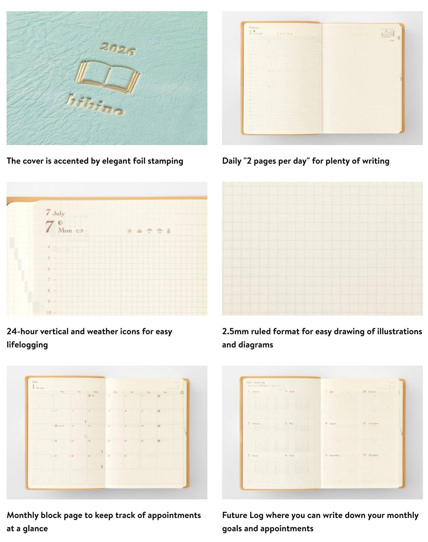 Midori Hibino Diary 2026 2-Page-Per-Day Calendar - A6 - Blue Green Tomoe River - Made in Japan interior