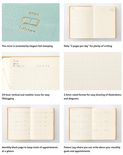 Midori Hibino Diary 2026 2-Page-Per-Day Calendar - A6 - Blue Green Tomoe River - Made in Japan interior