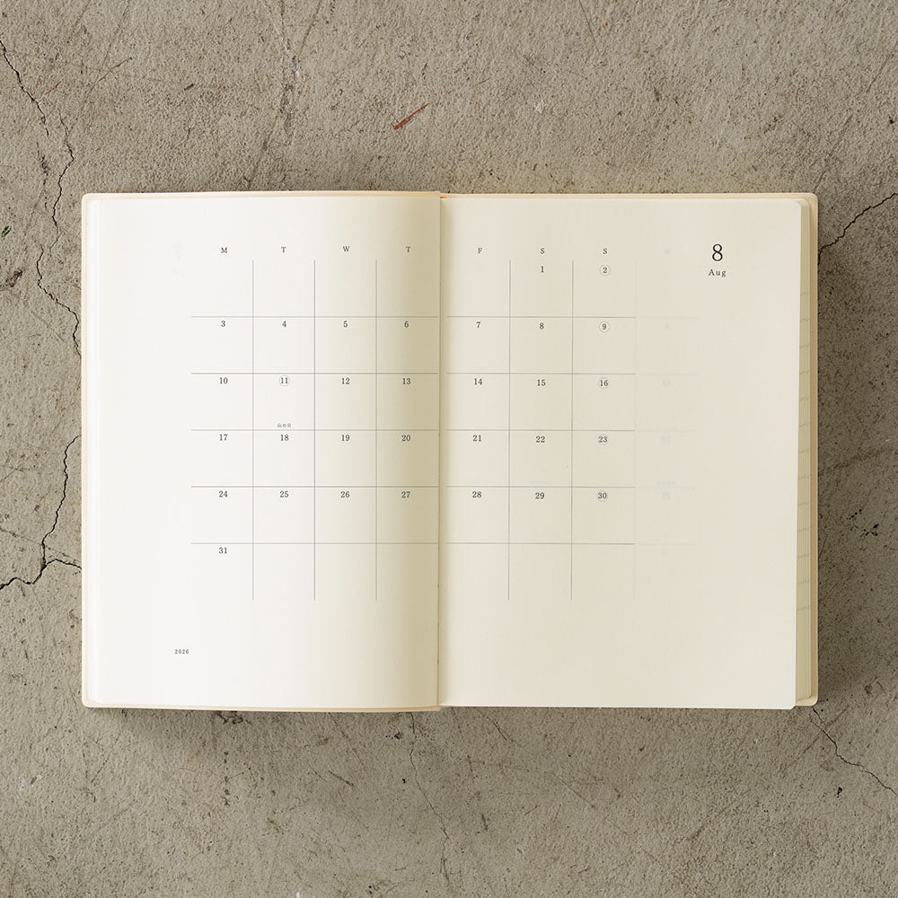 Midori MD Diary 2026 Calendar - 1 Day 1 Page - A5 - Made in Japan monthly spread