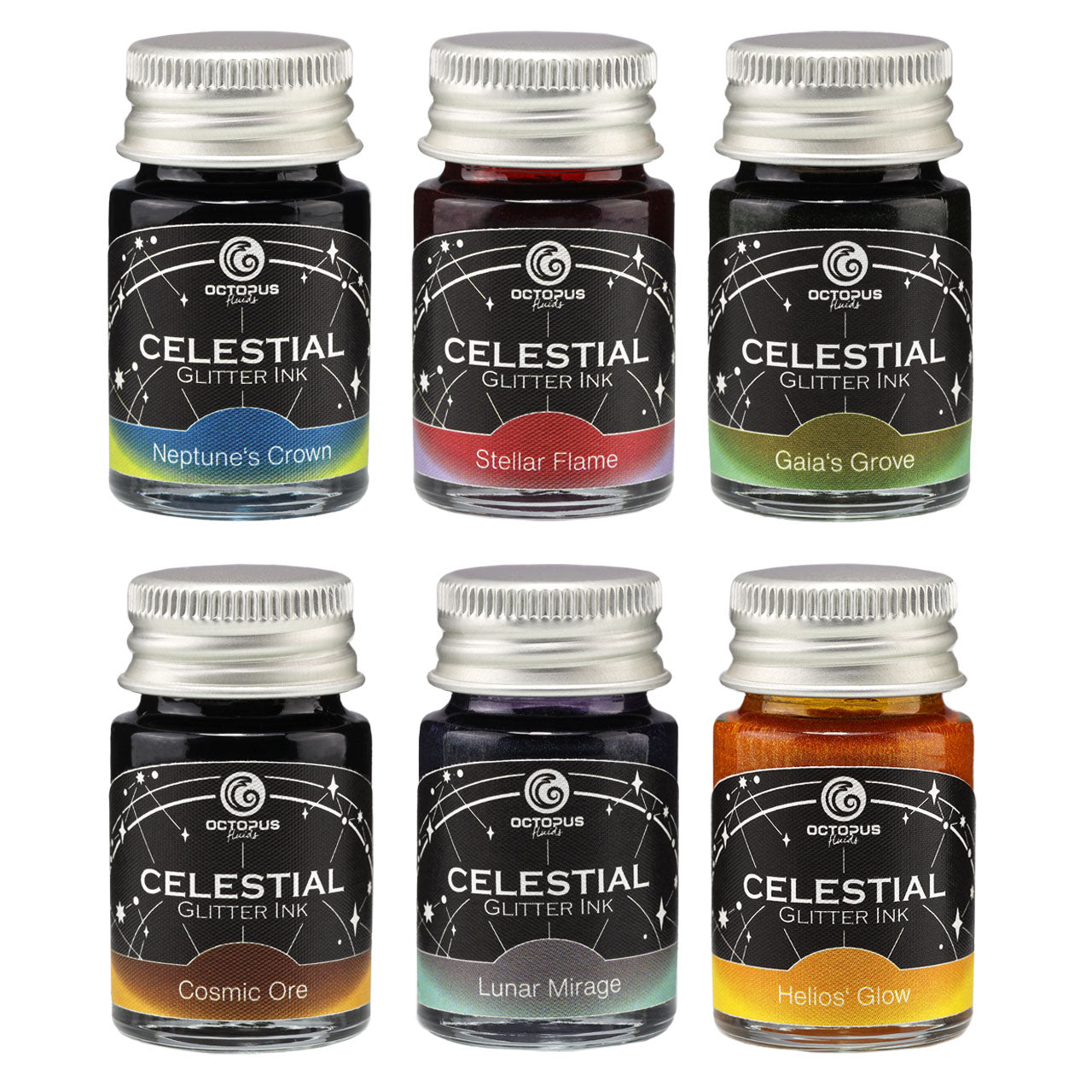 Octopus Fluids Celestial Glitter Sheening Fountain Pen Ink Sets - 6 x 10 ml Bottles - Set 1