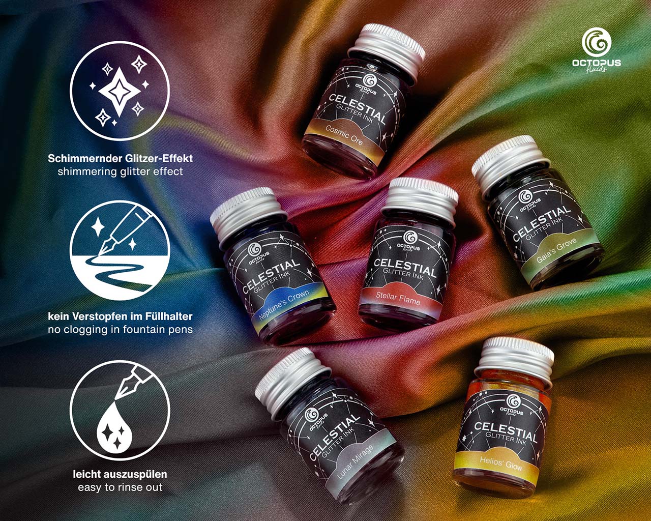 Octopus Fluids Celestial Glitter Sheening Fountain Pen Ink Sets - 6 x 10 ml Bottles - Set 1 details