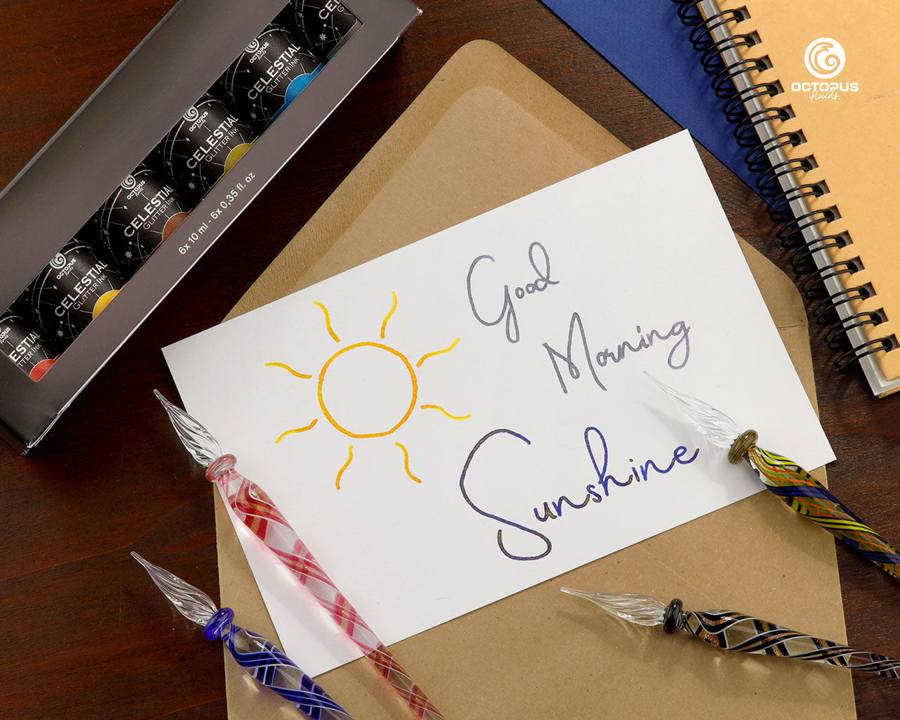 Octopus Fluids Celestial Glitter Sheening Fountain Pen Ink Sets - 6 x 10 ml Bottles - Set 1 lifestyle