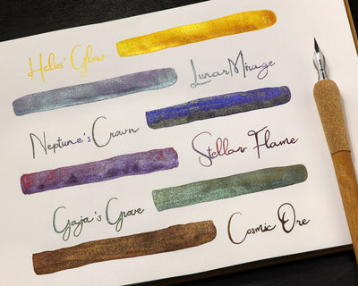 Octopus Fluids Celestial Glitter Sheening Fountain Pen Ink Sets - 6 x 10 ml Bottles - Set 1 writing sample swatches