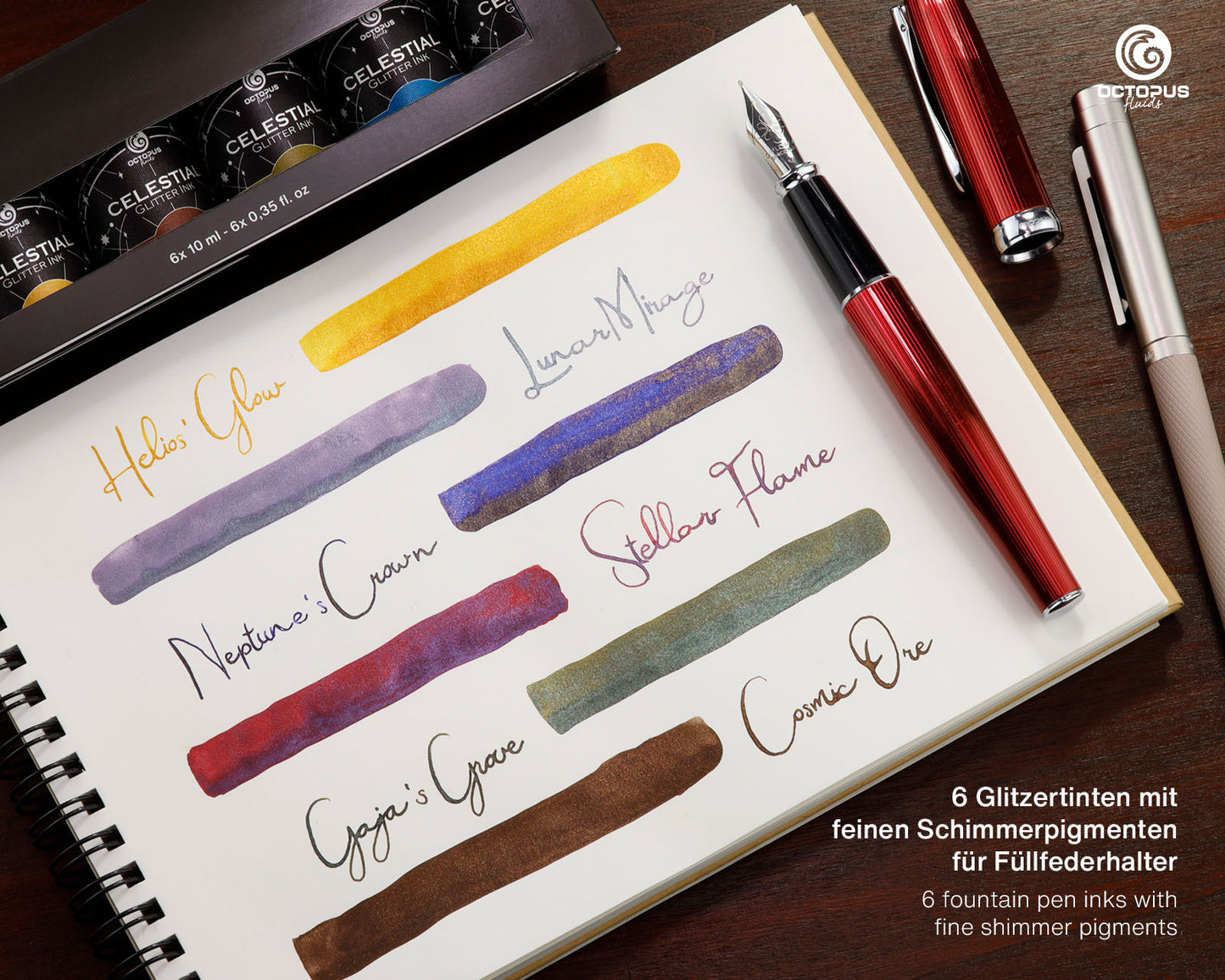 Octopus Fluids Celestial Glitter Sheening Fountain Pen Ink Sets - 6 x 10 ml Bottles - Set 1 lifestyle swatches