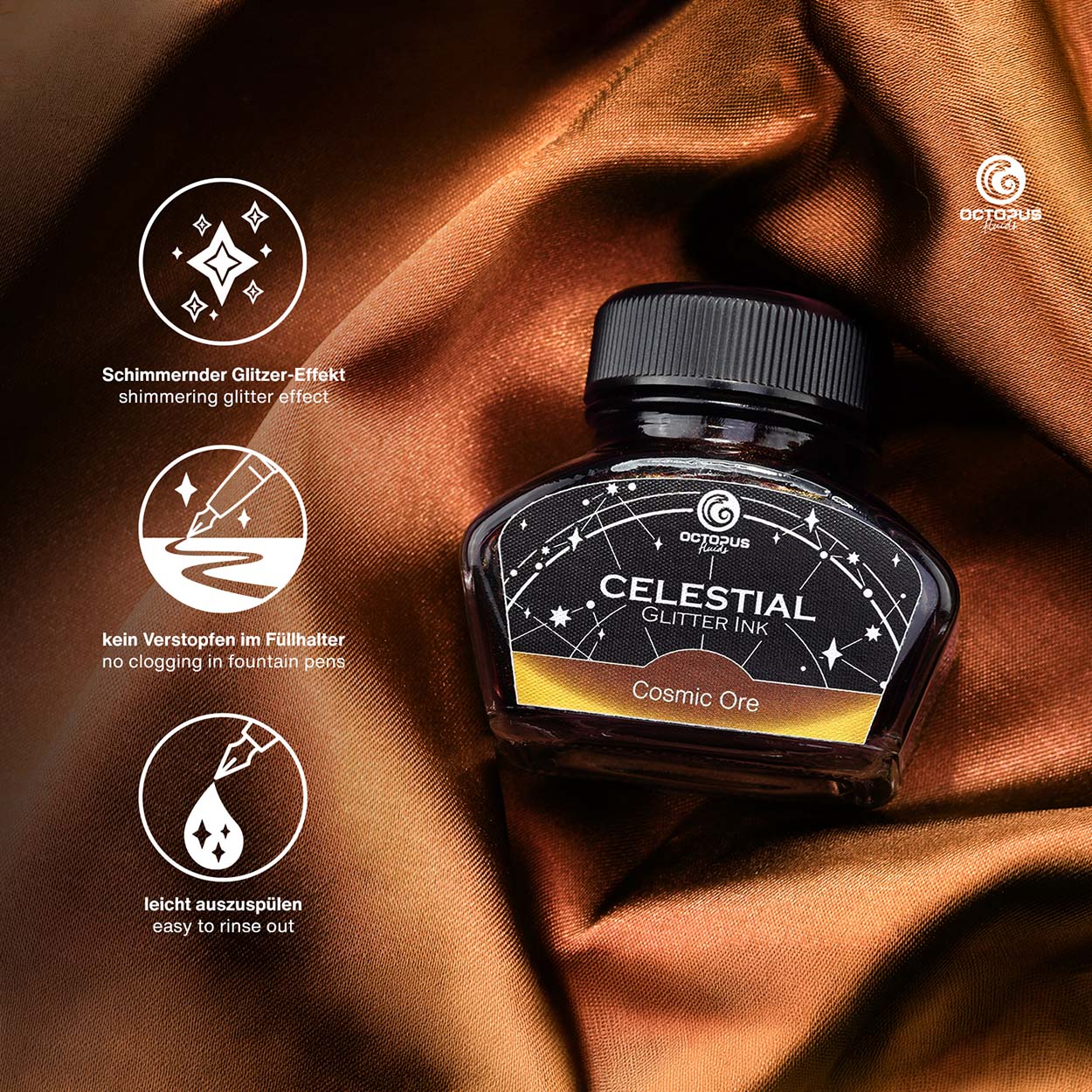 Octopus Fluids Celestial Glitter Shimmer Fountain Pen Ink - Cosmic Ore - Brown With Copper Shimmer - Made in Germany details