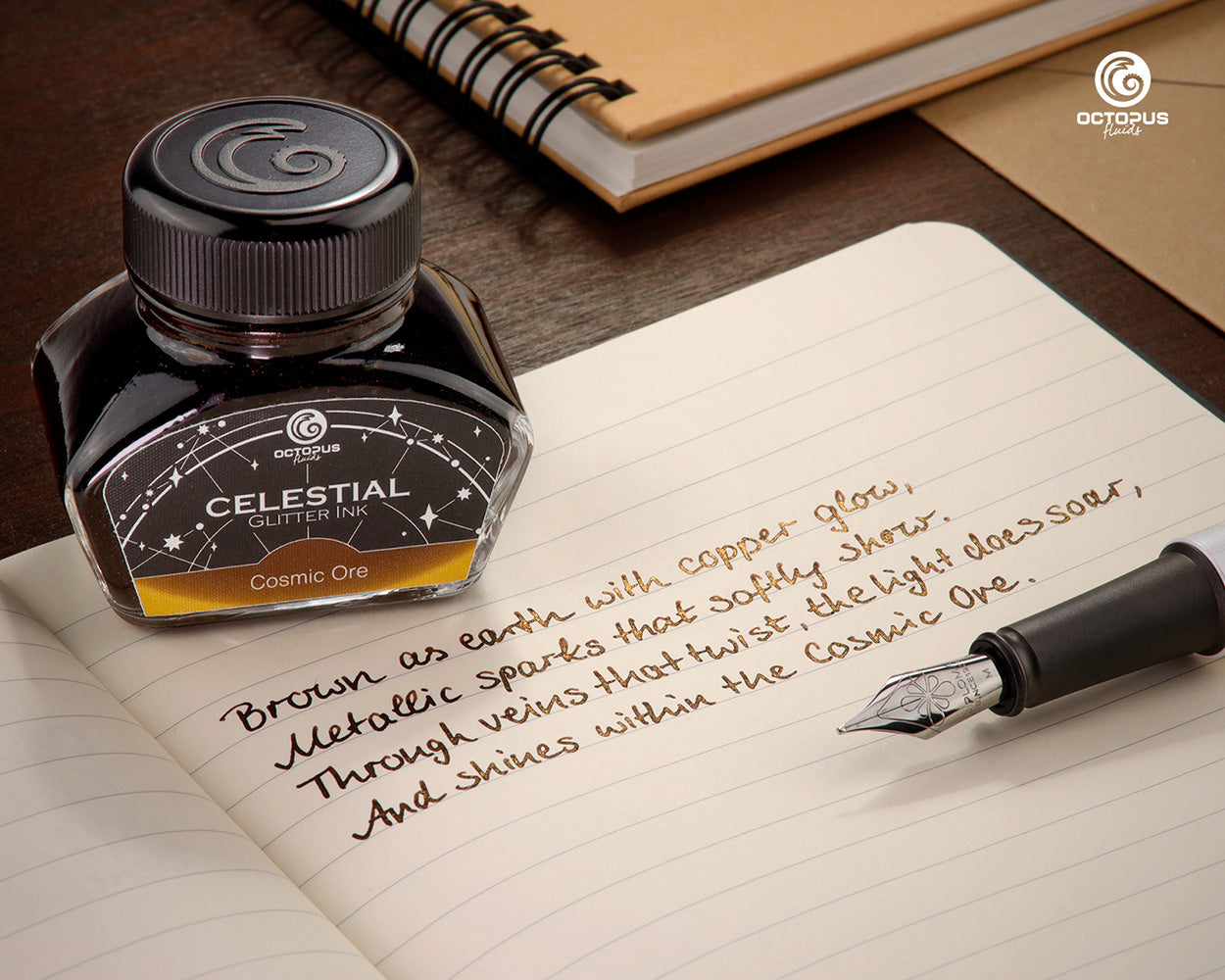 Octopus Fluids Celestial Glitter Shimmer Fountain Pen Ink - Cosmic Ore - Brown With Copper Shimmer - Made in Germany writing sample