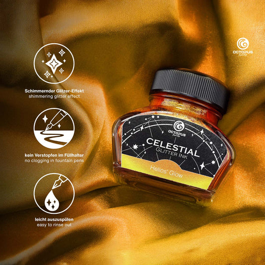 Octopus Fluids Celestial Glitter Shimmer Fountain Pen Ink - Helios' Glow - Yellow With Gold Shimmer details